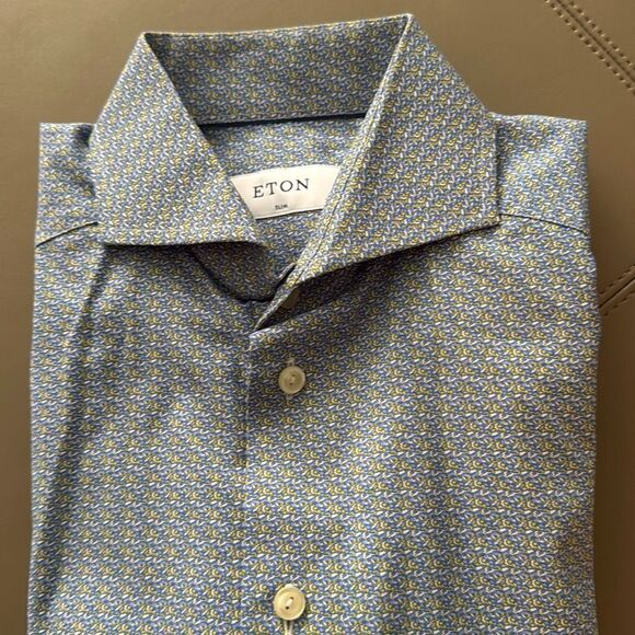 Eton Slim Fit Butterfly Print Signature Poplin Long Sleeve Shirt. Blue. Size 38. - Picture 1 of 9